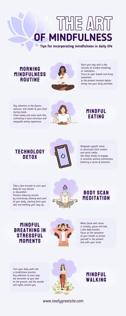 Pastel Purple Calming Tips for Incorporating Mindfulness Infographic 1 The AM to PM Wellbeing Service