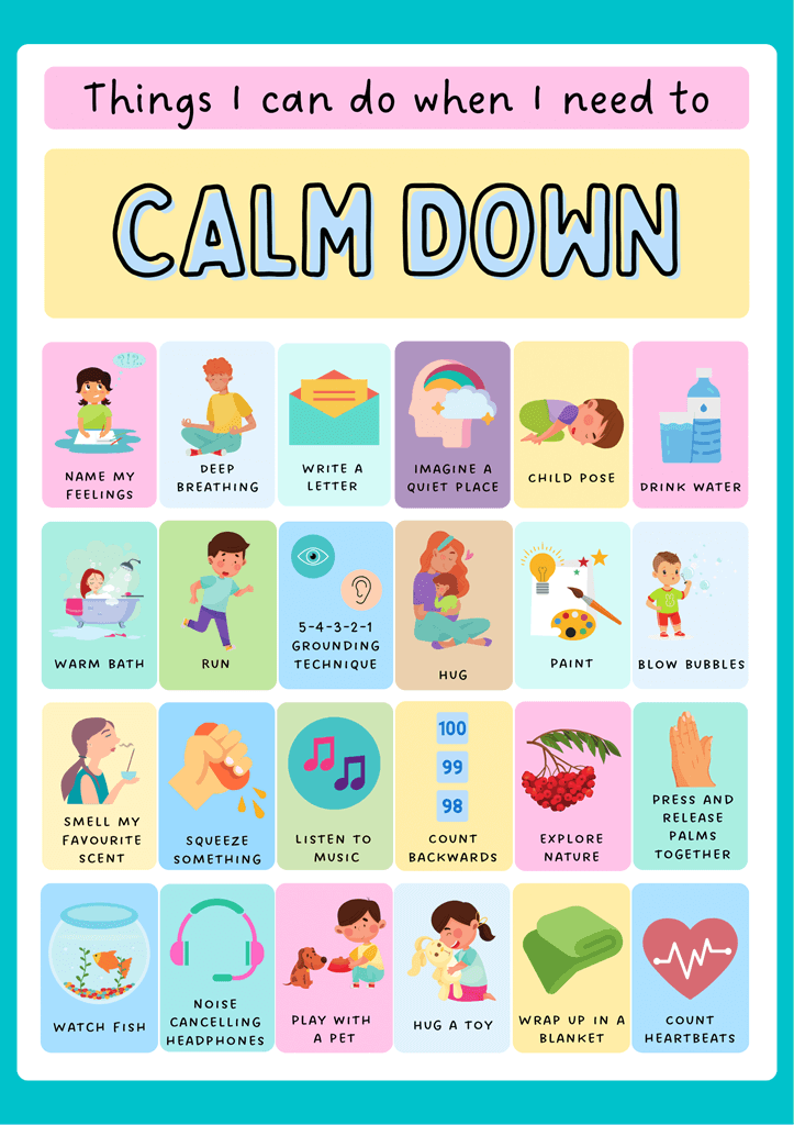 Social Emotional Learning Calming Strategies Poster in Pastel Cartoon Style The AM to PM Wellbeing Service